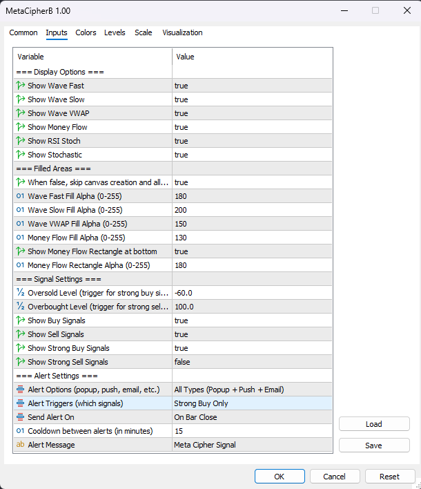 Meta Cipher B settings panel showing configuration and alert options